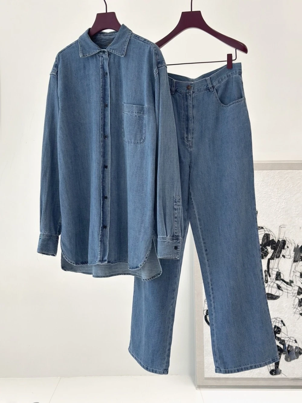

Cotton and Linen Loose Simple Denim Jacket Straight Casual Pants Jeans Suit