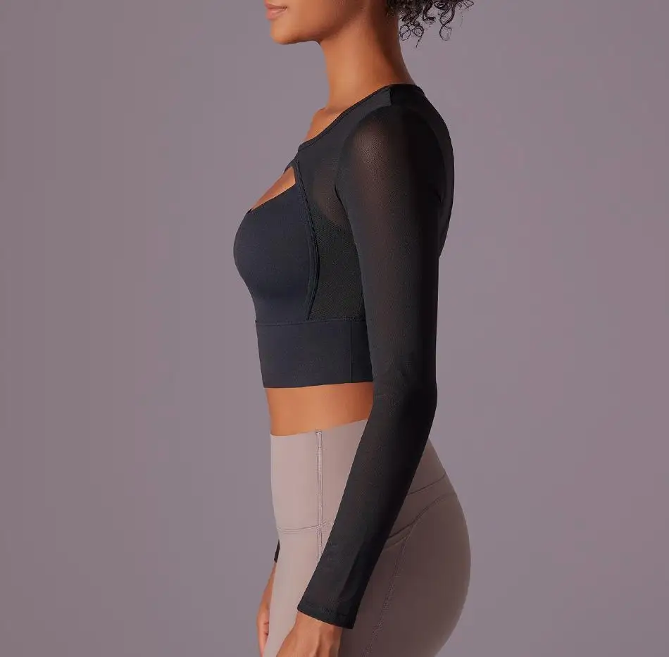 MIML 2026 Women's Sexy Mesh Semi-Transparent Double Splice Long Sleeve Tight Elastic Yoga Sportswear Fitness Top for Women Sport