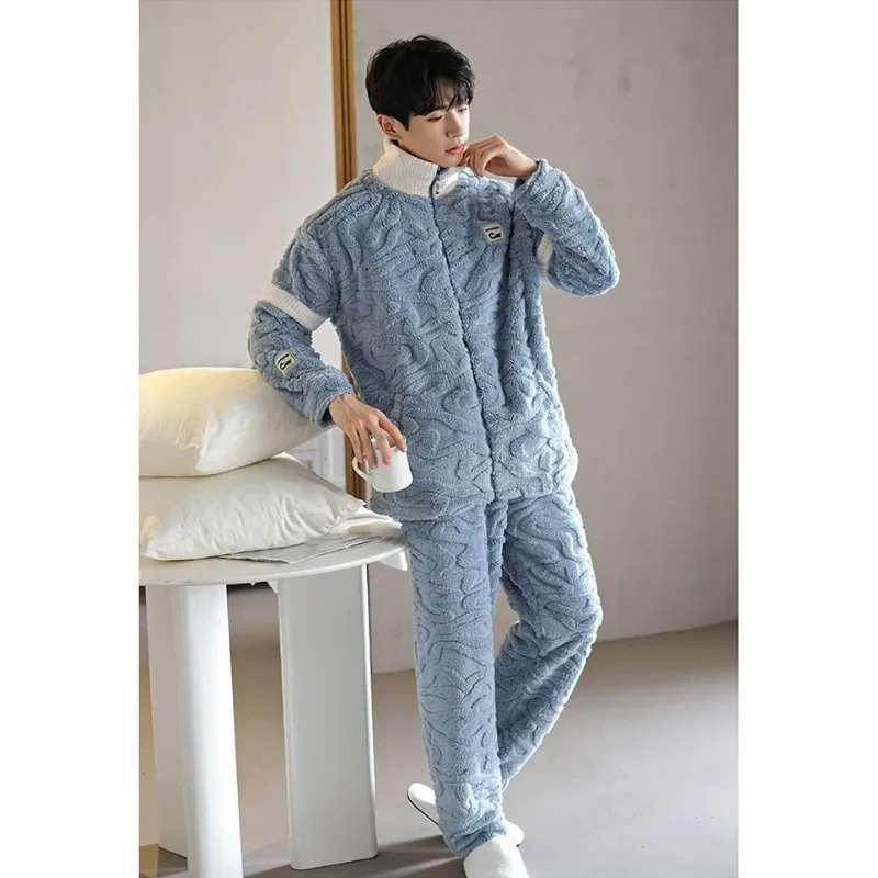 Ropa de dormir de invierno, pijamas cálidos de felpa con cuello levantado para hombre y terciopelo Coral grueso, ropa para el hogar de talla grande, se puede usar fuera de la ropa interior