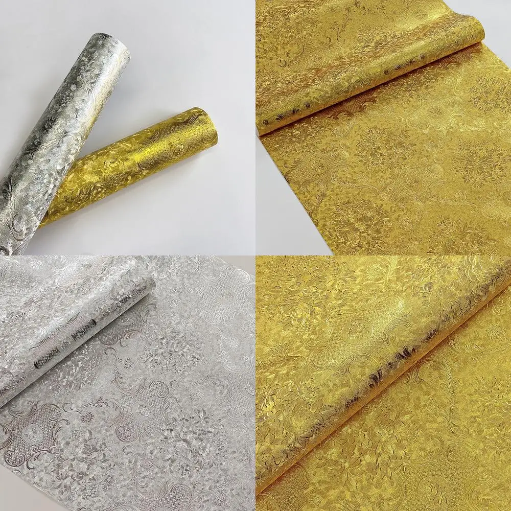 3D Embossed European Flower Gold Foil Waterproof Reflective Wallpaper for Living Room Restaurant Hotel Lobby Ceiling Drop