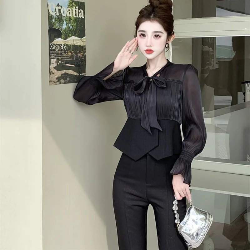 2024 New Spring Fashion Set Western Style Shirt Flare Pants Small Fragrant Wind Slimming Casual Suit Two Piece Set for Woman