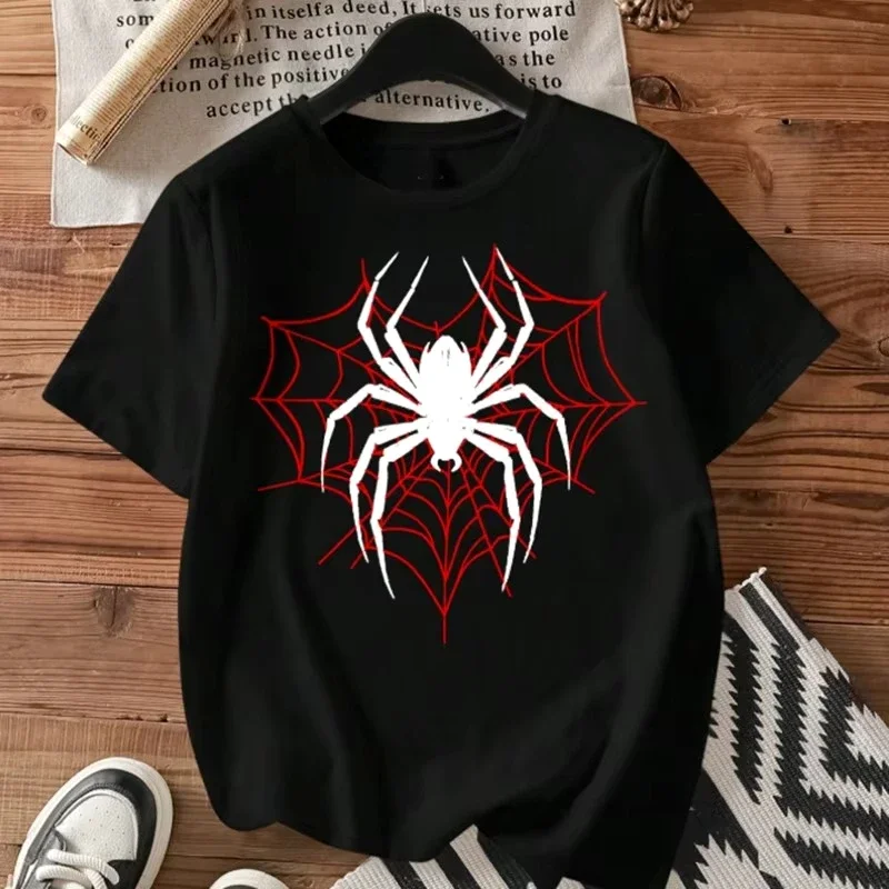 New Spider Printed Round Neck Short Sleeve Womens Casual Fit Versatile Basic T-Shirt Heart Spider Web Pattern Top for Daily
