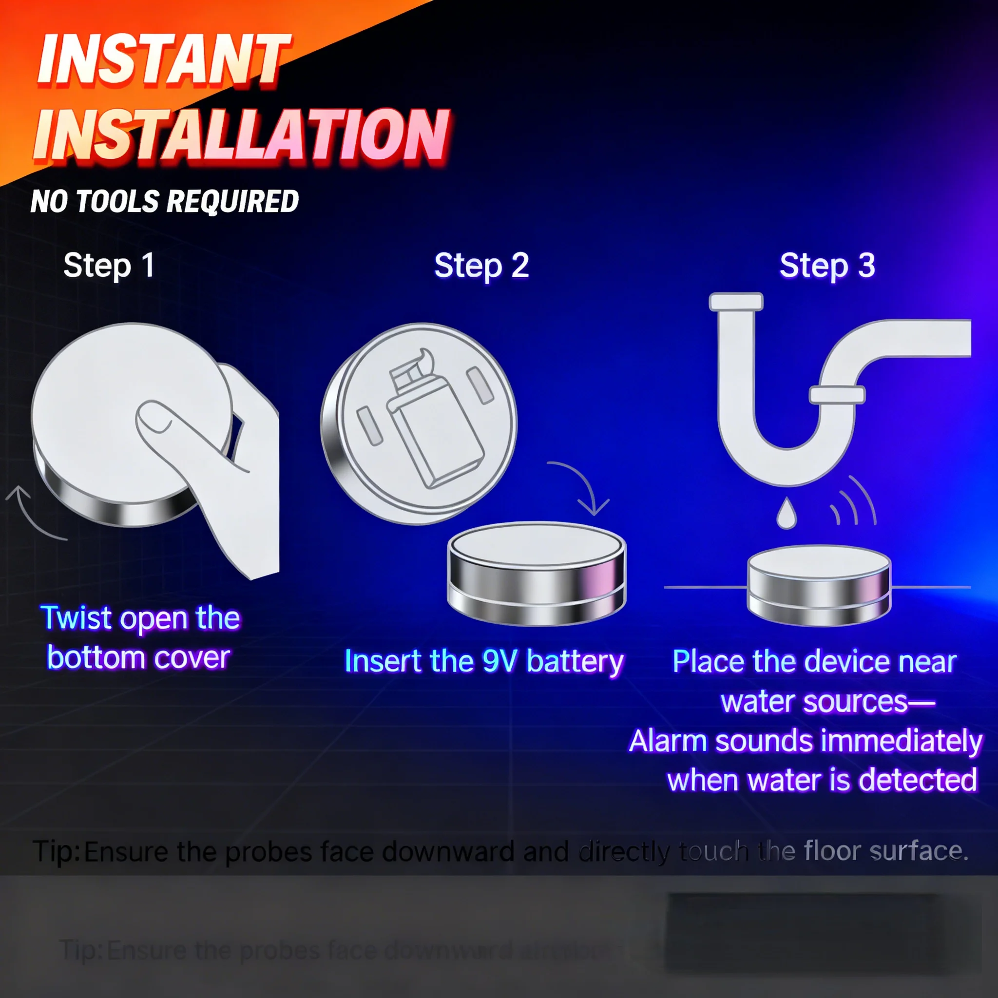 

Детектор утечки воды готового отключения мощности 90 дБ, совместимость с CE ROHS, идеально подходит для под раковиной и стиральной машины