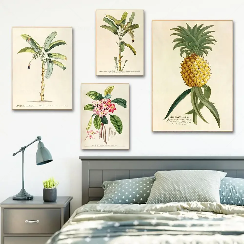 

Vintage Tropical Botanical Print Antique Palm Trees Pineapple Poster Wall Art Canvas Painting Picture For Living Room Home Decor