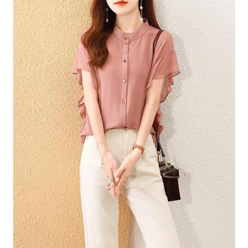 Elegant Solid Color Loose Single-breasted Blouse Women Classic Short Sleeve Summer O-collar Office All-match Lady Chiffon Shirt