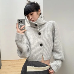 Y2K Gray Striped Women Sweater Vintage Turtleneck Korean Fashion Knit Cardigan Harajuku Button Autumn Loose Old Money 2024