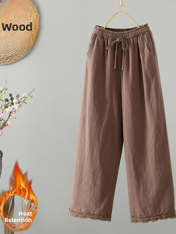 Casual katoenen broek Hoge taille Rechte pijpen Losvallend Ademend Huidvriendelijk Kant Splitsen Veelzijdig linnen Herfst Winter Sle