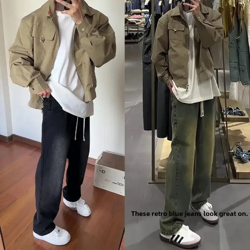 

Ретро-джинсы в американском стиле, свободные, широкие, прямые, слегка расклешенные, для мужчин и молодежи, модные, из хлопка и полиэстера