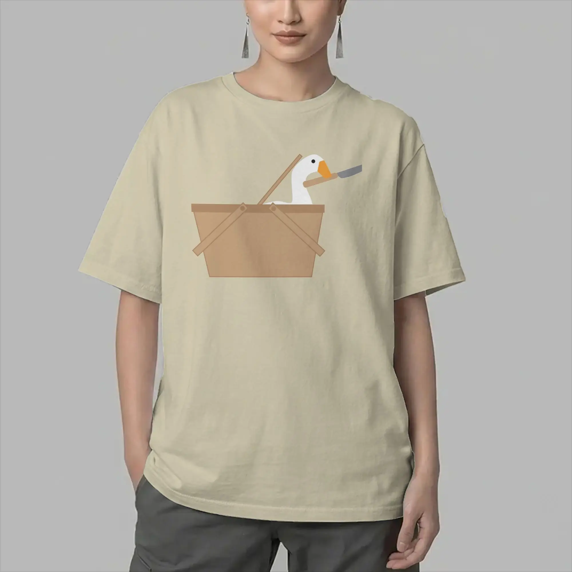 Picnic Surprise! It's a Goose   Untitled T Shirts Men Cotton Vintage T-Shirts Crewneck  Tees Short Sleeve Clothing Printed