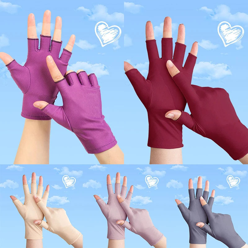 Women Half Finger Gloves Solid Color Stretch Anti UV Driving Cycling Gloves Fingerless Spandex Gloves Breathable Thin Mittens