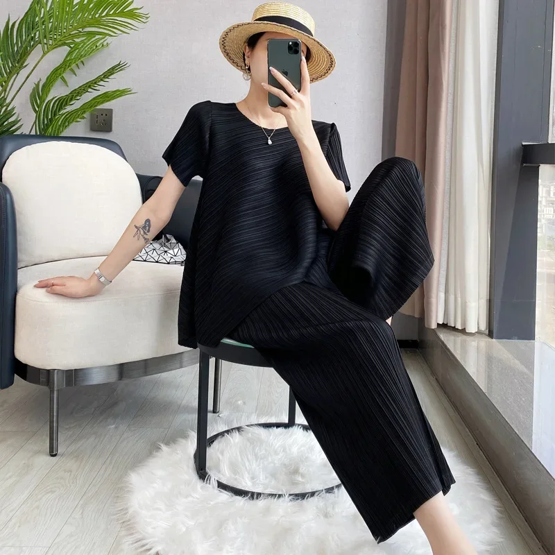 Pleats Pleated Pants Set 2024 Summer New Loose Ageing Big Size Temperament Fashion Simple Pleated Two-piece Female Clothing