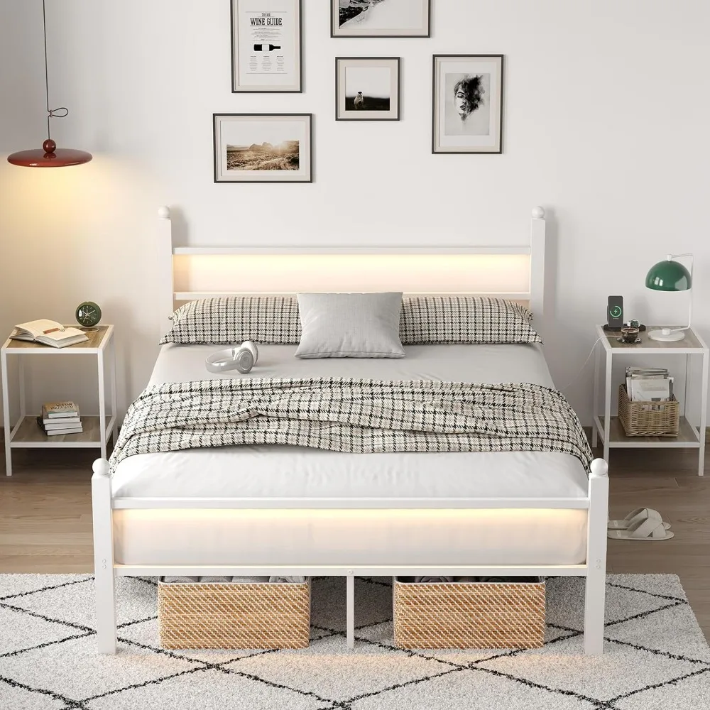 Full Size Bed Frame with Headboard and Footboard,Heavy Duty Steel Slats Support Metal Bed Frame with Charging Station