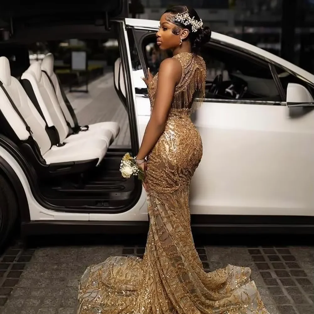Gliter strass diamante ouro longo sereia vestidos de baile 2025 preto meninas sexy sheer vestido de noite para festa de aniversário personalizado