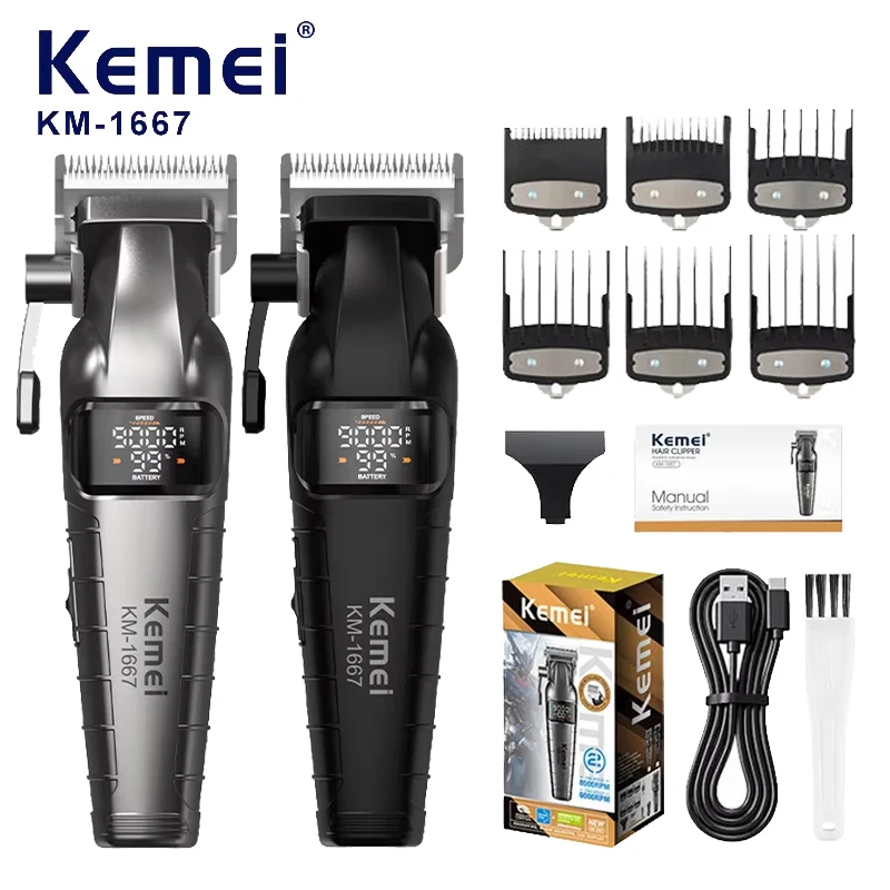 Kemei KM-1667 Trimmer Professional 10W 9000RPM Motor Wiederaufladbarer Haarschneider DLC-Klingen LED-Display Trimmer für Männer