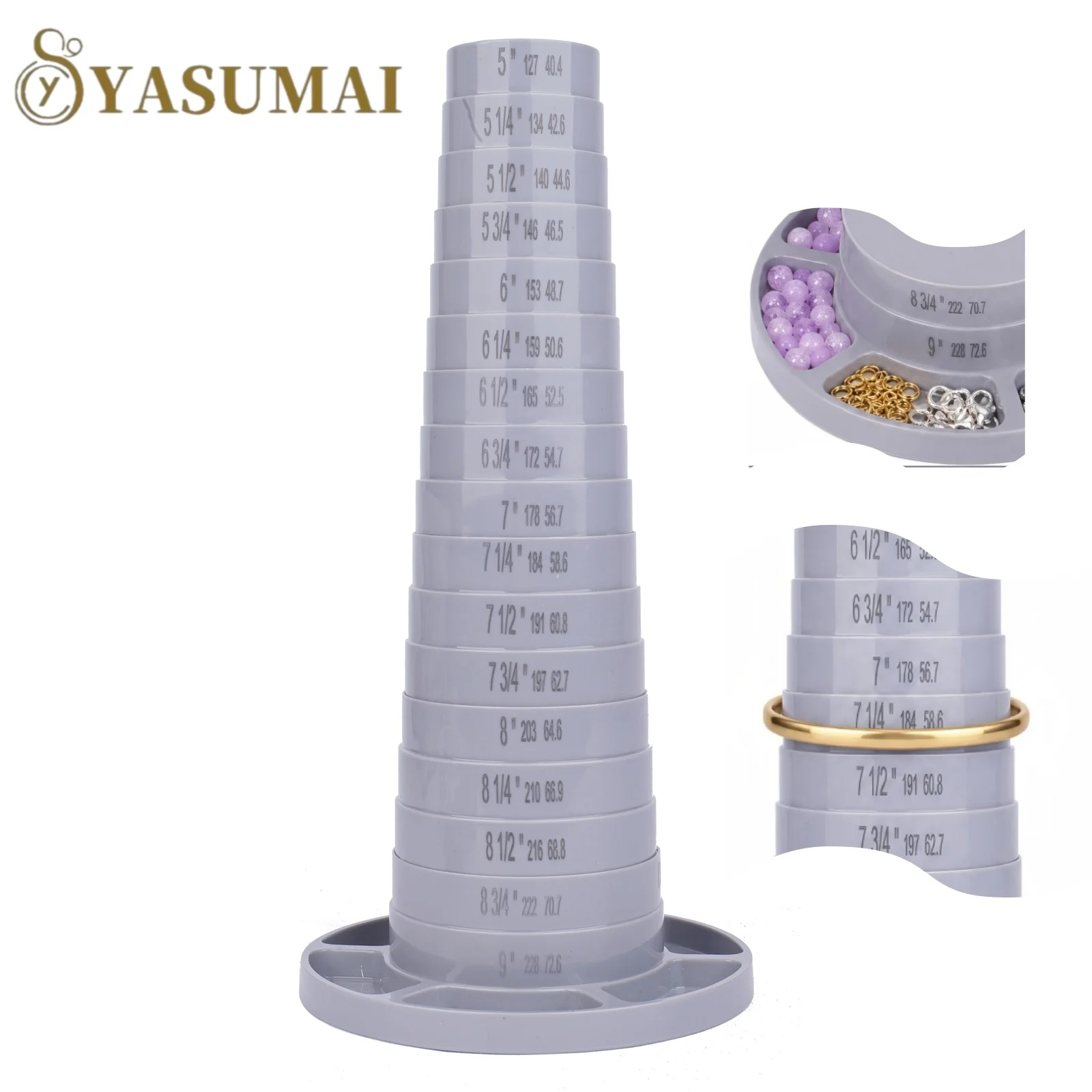 YASUMAI Professional Bracelet Sizer 6 Section Display Rack with Size Markings and Bead Storage Holes for Jewelry Making 5-9 Inch