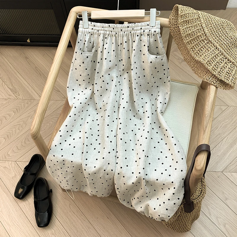 Slimming Wide Leg Pants Polka Dot Elastic Waist Loose Drapey Cuffed Chinese Style Casual Cotton Trousers for Middle-Aged Women