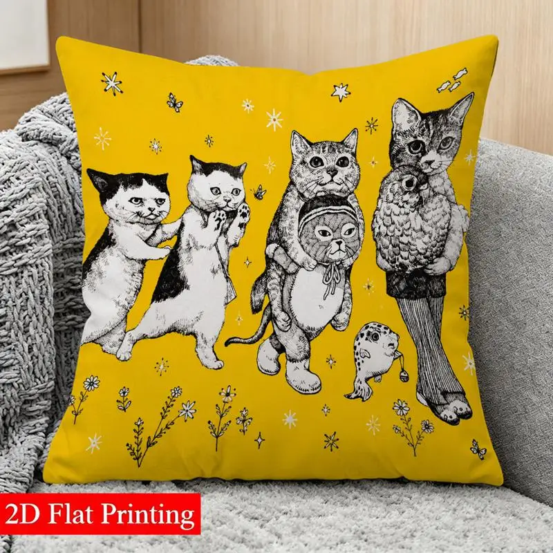 Yellow Cat Pillowcase, Funny Dancing Kittens Cushion Cover, Retro Sketch Print, Cute Animal Throw Pillow, Home Decor
