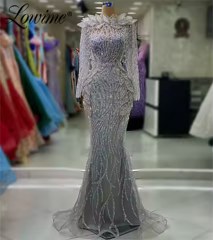 Silver Evening Dresses Luxury Long Wedding Party Dress 2023 Abendkleider Tassels Arabic Dubai Mermaid Pageant Celebrity Dresses