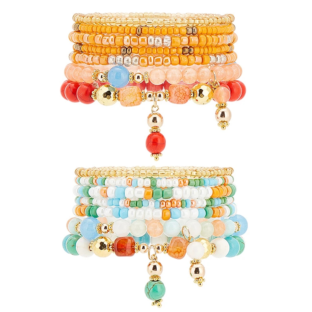 14pcs Stackable Beaded Bracelets Fall Bracelet Bracelets Multi Layered beads Bracelet Stone Stretch Bracelets Beach Boho