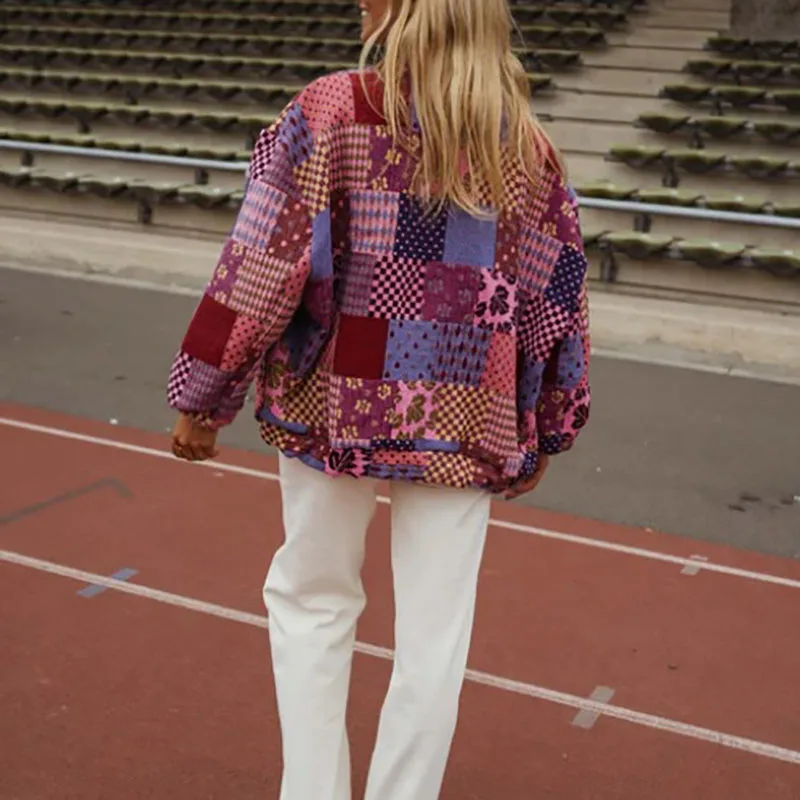 

Vintage Pattern Printed Long Sleeve Jacket Lady Casual O-neck Loose Commute Coat 2025 Elegant Zipper Pocket Outerwear for Women