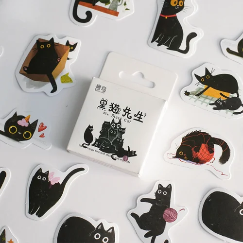 46 unids/caja de pegatinas de gato Kawaii de dibujos animados, pegatinas de decoración de papelería de gato negro Kawaii para niños, estudiantes, libros, decoración