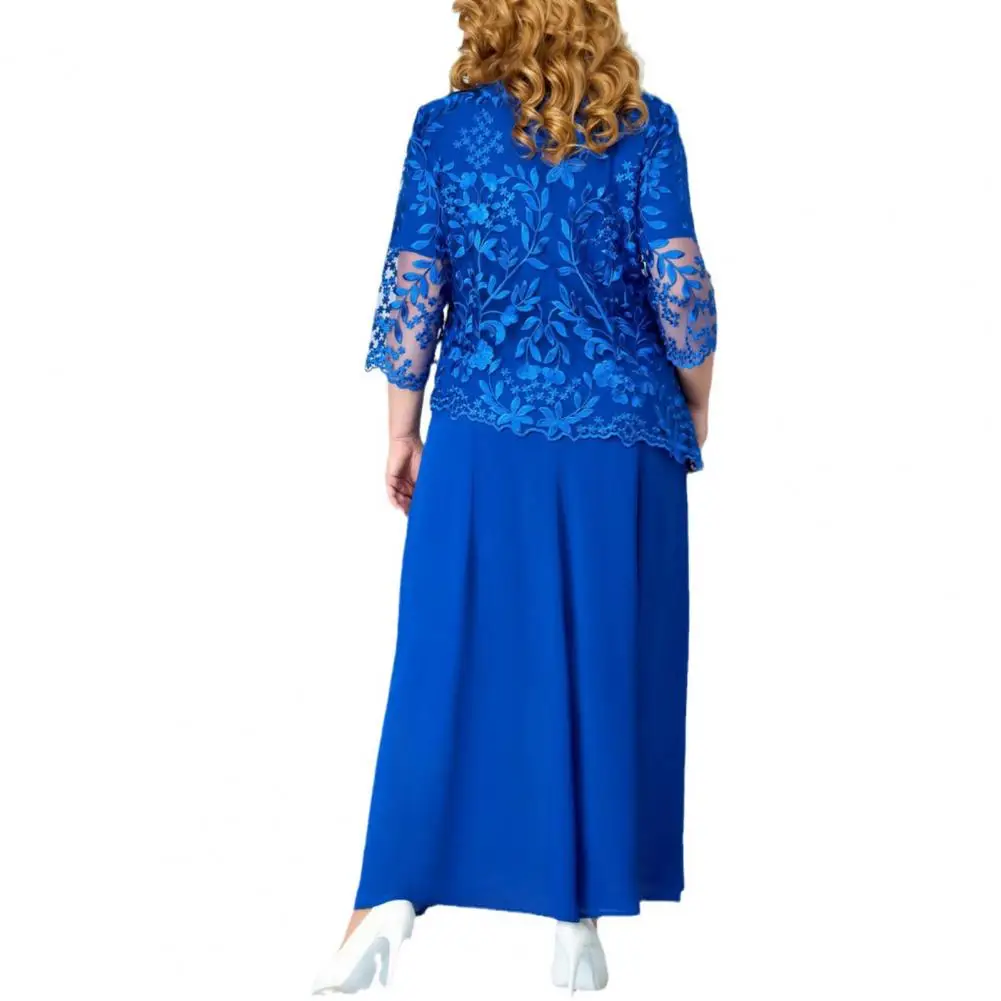 Pleated Waist Dress Elegant Plus Size Maxi Dress with Flower Embroidery Lace Detail Three Quarter Sleeve O Neck Fake Two-piece