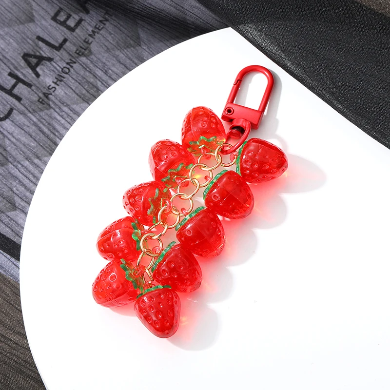 1PC Strawberry Cherry Red Beads Keychain Keyring For Women Girl Friend Simulated Fruit Bag Car Key Holder Airpods Box Jewelry