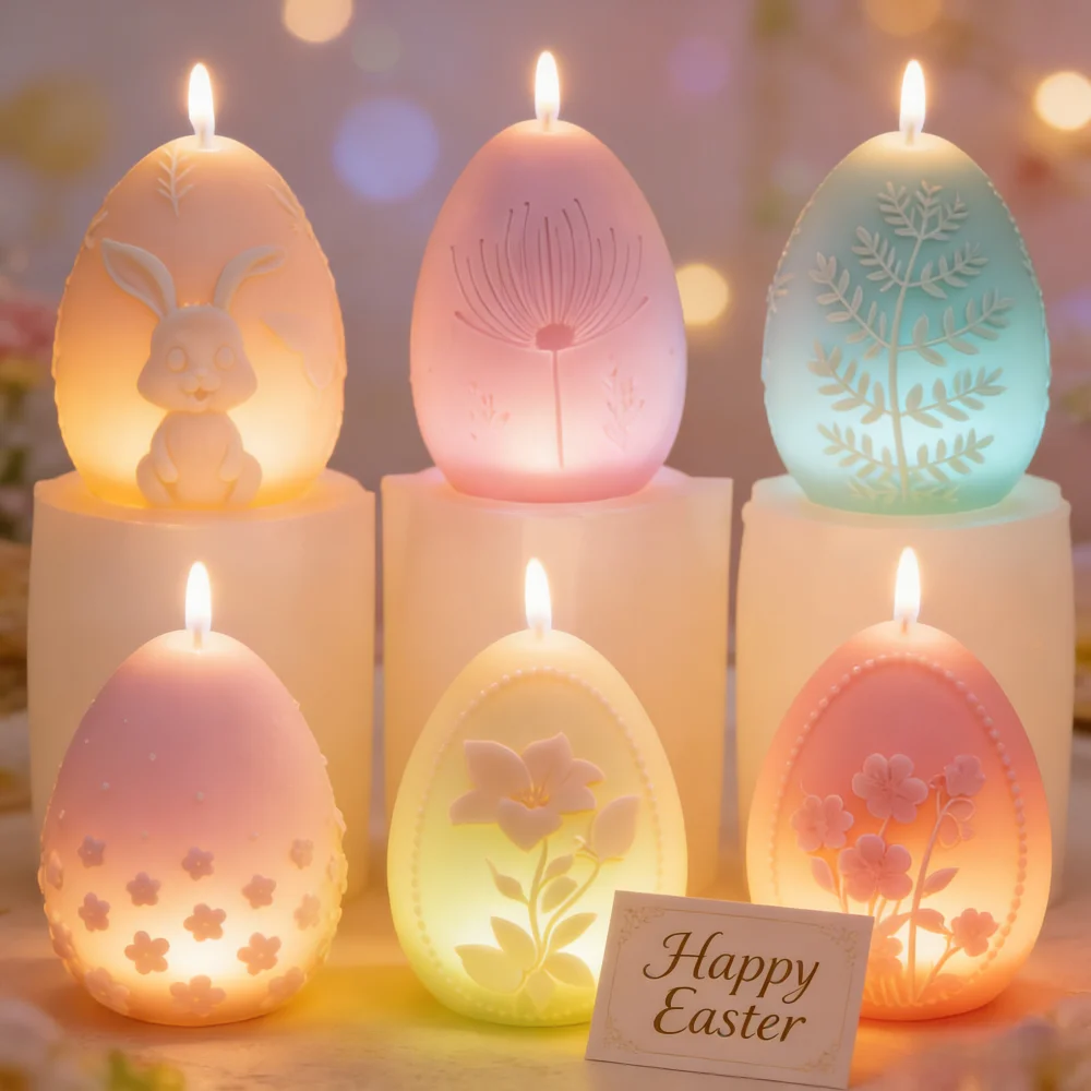 Eier-Silikonform für Kerzen, Ovale Aroma-Seifenherstellung, DIY-Handwerk, Harzwerkzeuge mit Geprägtem Hasen- und Blumen-Ei-Design