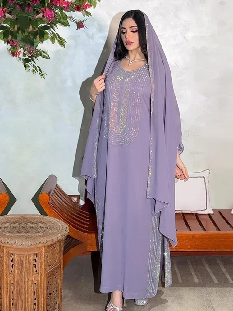 Saudi Arabic Party Dress for Women Abaya Muslim Diamond Hijab Dresses Set 2 Piece Vestidos Mujer Morocco Kaftan Abayas Robe 2023