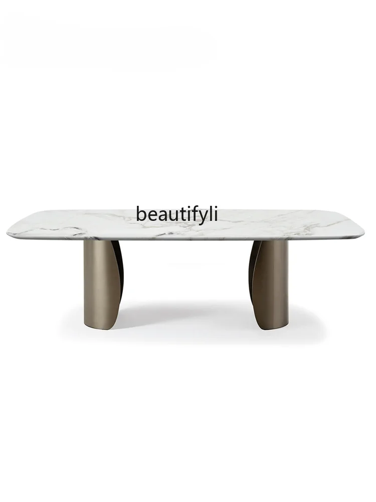 

Natural Marble Dining Tables and Chairs Set Rectangular Home Italian White Table High-End Luxury Stone