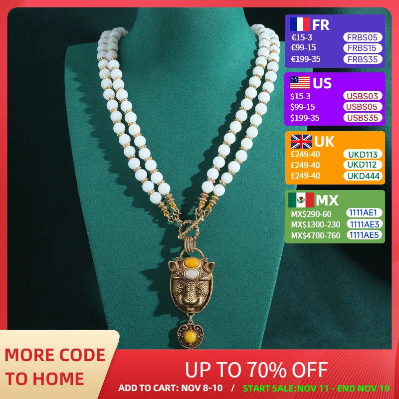

Vintage Layered White Beads Necklace Woman African Tiger Head Long Pendant Jewelry For Retro Wedding Accessories Antique Party