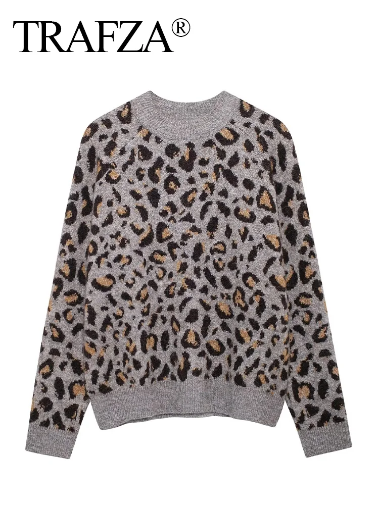 TRAFZA Female Elegant Leopard Jacquard Decorated O-Neck Pullover Women Winter Sweater Long Sleeve Tightness Knitting Top Mujer