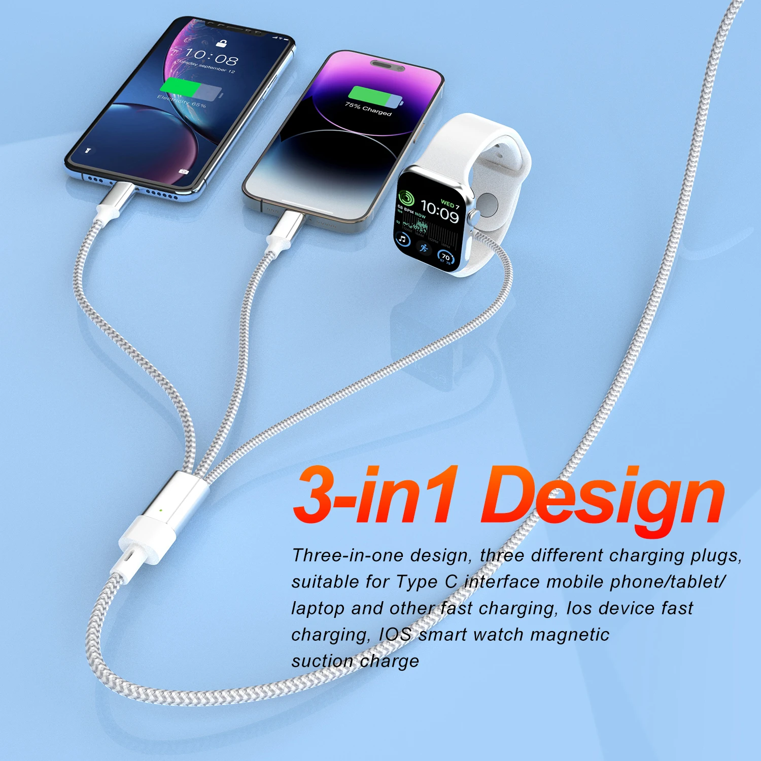 USB C Charger for Apple Watch, 3 in 2  Charging Cable with  for Apple iWatch iPhone 15/14/13/12Pro, Nylon Braided-line