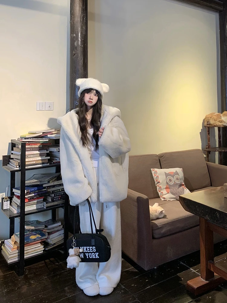 

Cuitcuit White Fur Coat Hooded Eco-friendly Leather Fur Inteated Young Thiened Coat Korean Sle Long Sve Loose Fit