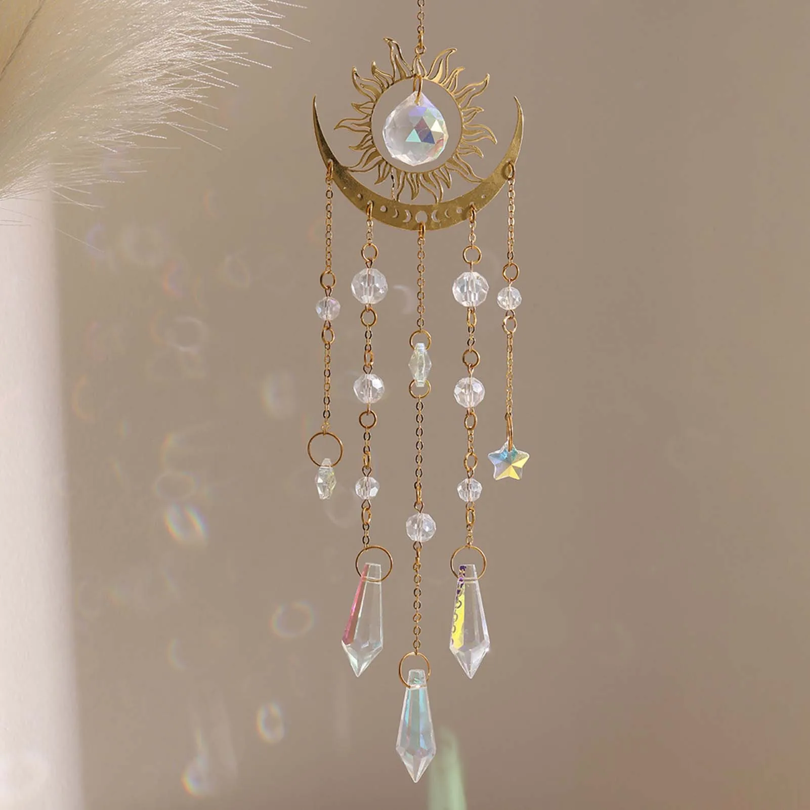 Sun Catcher with Crystals Drop Gold Chain Design Light Reflection Crystals for Garden Home Decoration