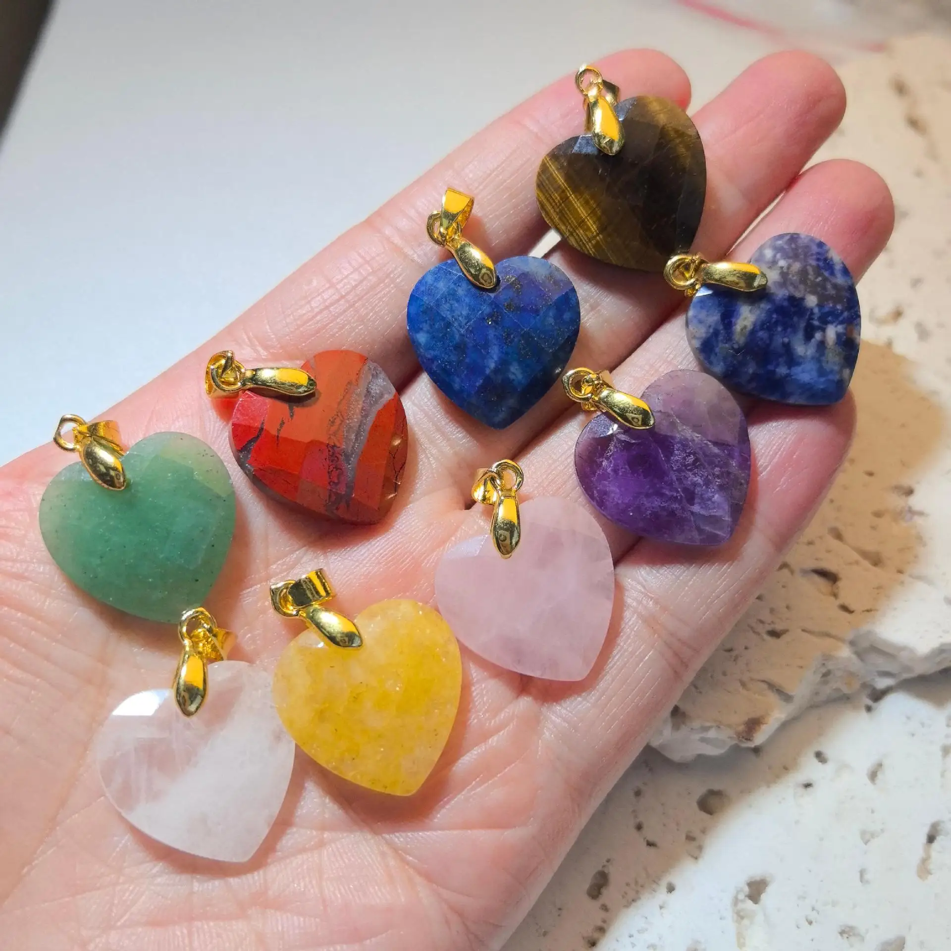 1pc Natural Stone Faceted Heart Pendant Love Heart Charm with Gold Plated Bail for DIY Necklace Jewelry Making Reiki Healing