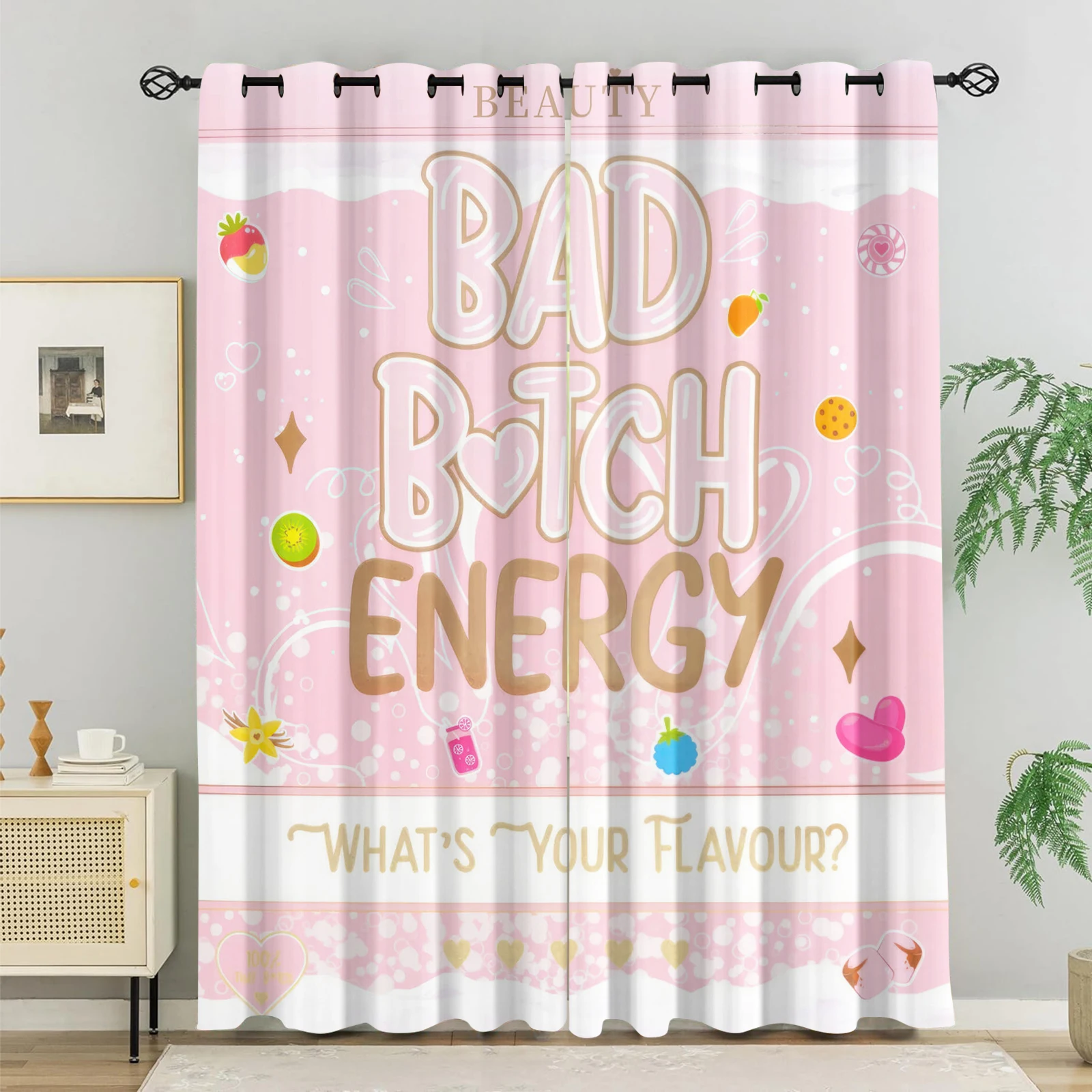 

Bad Girl Energy Sweet Fun Curtain - 85% Blackout Window Drapes with 'What's Your Flavour' Bold Trendy Home Bedroom Living Room