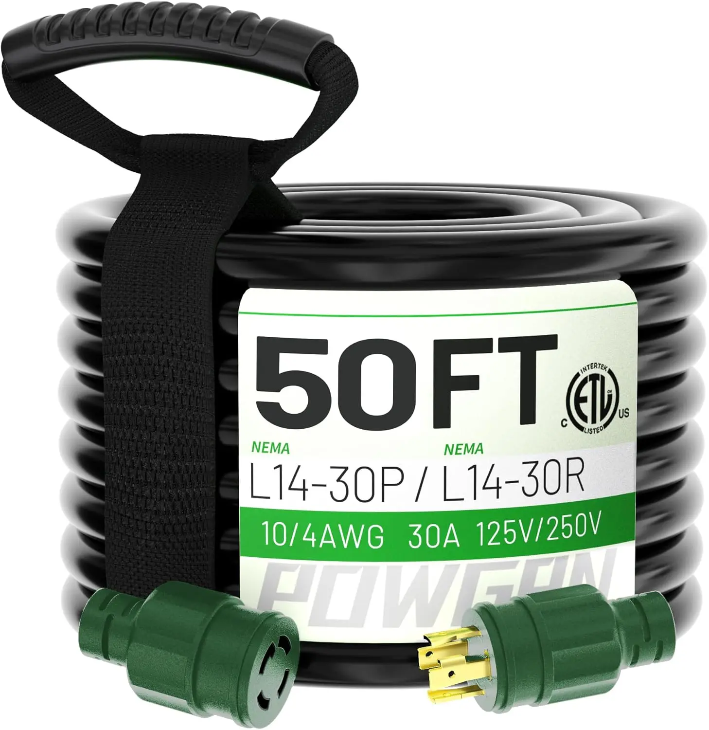 50Feet 30 Amp Generator Extension Cord 4 Prong, Heavy Duty NEMA L14-30P/L14-30R,125/250V 7500W, Black 10 Twist Locking