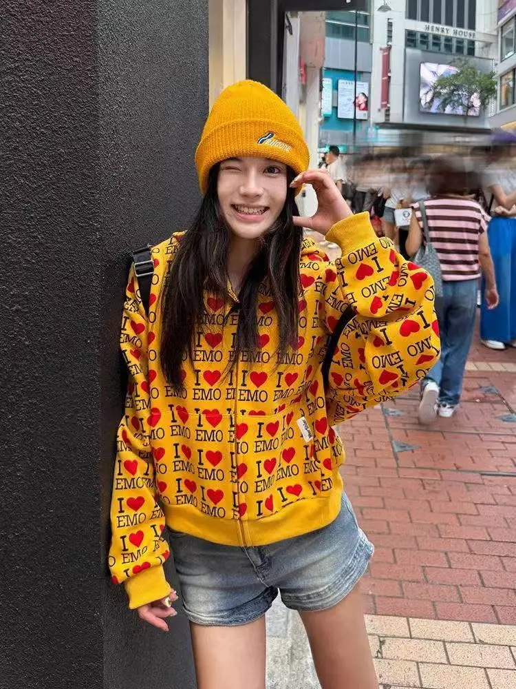 

High Street Hoodie Women Clothes Punk Sexy Loose Zip Up Hoodies Yellow Gothic Hip Hop Winter 90s Sweatshirts Y2k Oversized Tops