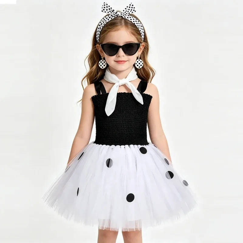 

Vintage-style puff skirt set, breathable and comfortable black-and-white polka dot mesh dress for girls, holiday formal dress
