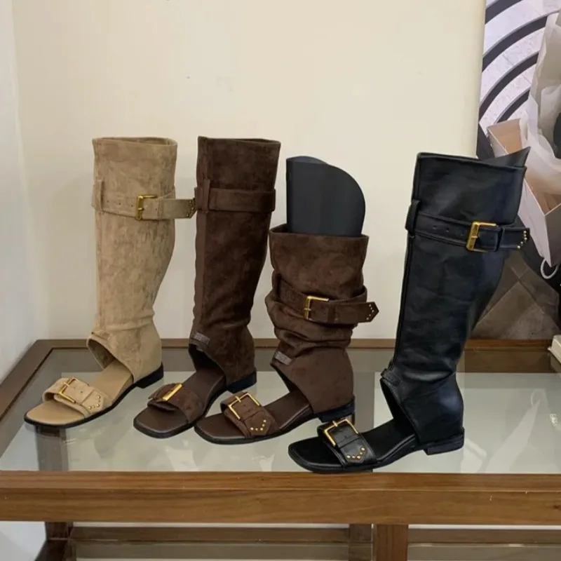 Aneikeh Fashion Low Heels Retro Buckle Strap Knee-High Women Boots Sandals Square Toe Open-toe Booties Shoes Spring Summer