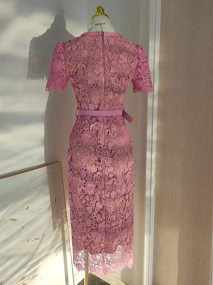 High Quality Pink Lace Dress For Women Summer Vintage Square collar Buckles Slim Mid Dress Hollow out Robes Female Party Vestido - AliExpress 200000345 High Quality Pink Lace Dress For Women Summer Vintage Square collar Buckles Slim Mid Dress Hollow out Robes Female Party Vestido - AliExpress 200000345