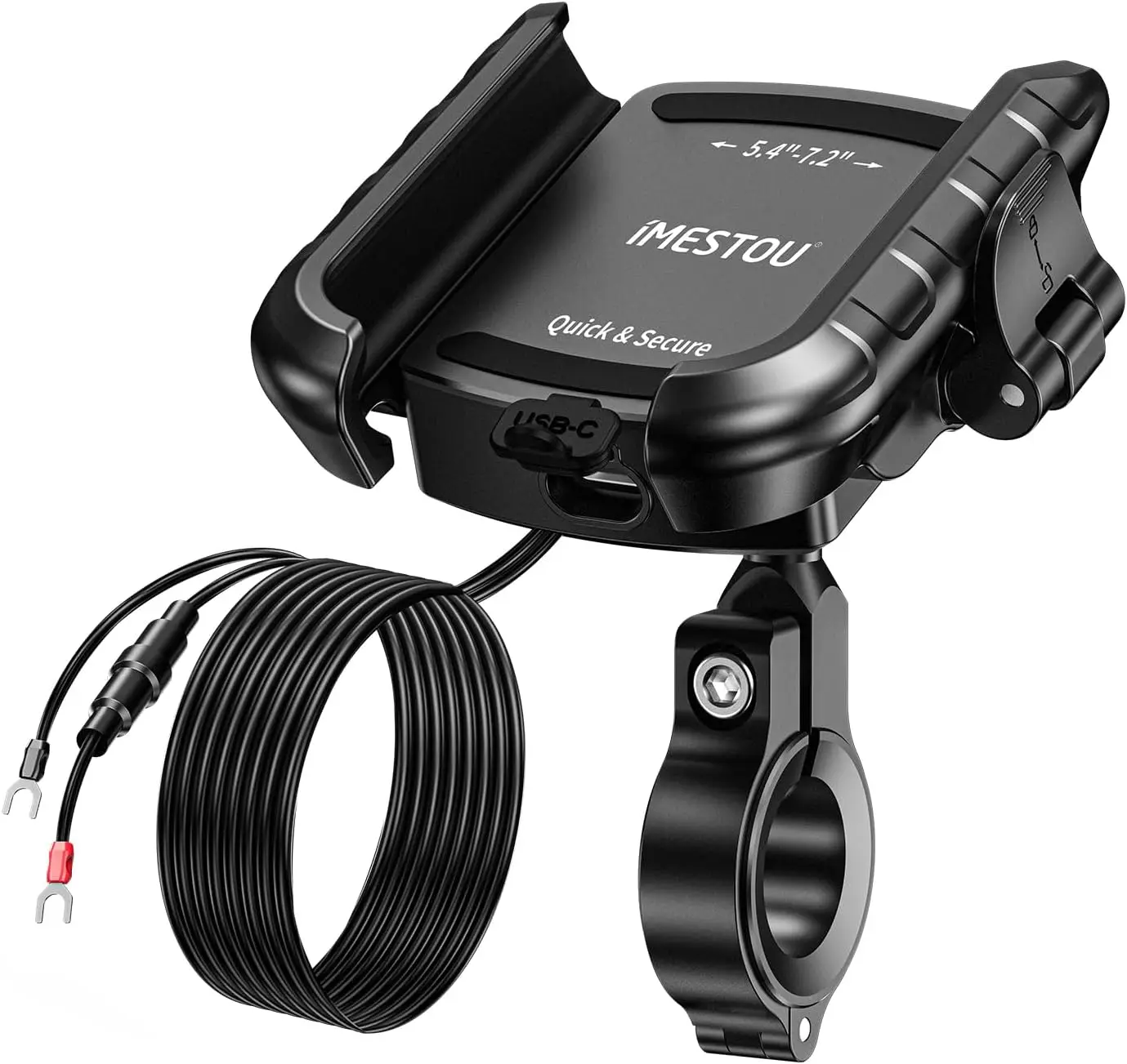 Aluminum Motorcycle USB Phone Mount with USB-C Fast Charge, Fits 5.4'-7.2' Phones & 12mm-32mm Handlebars, 12-24V Compatible