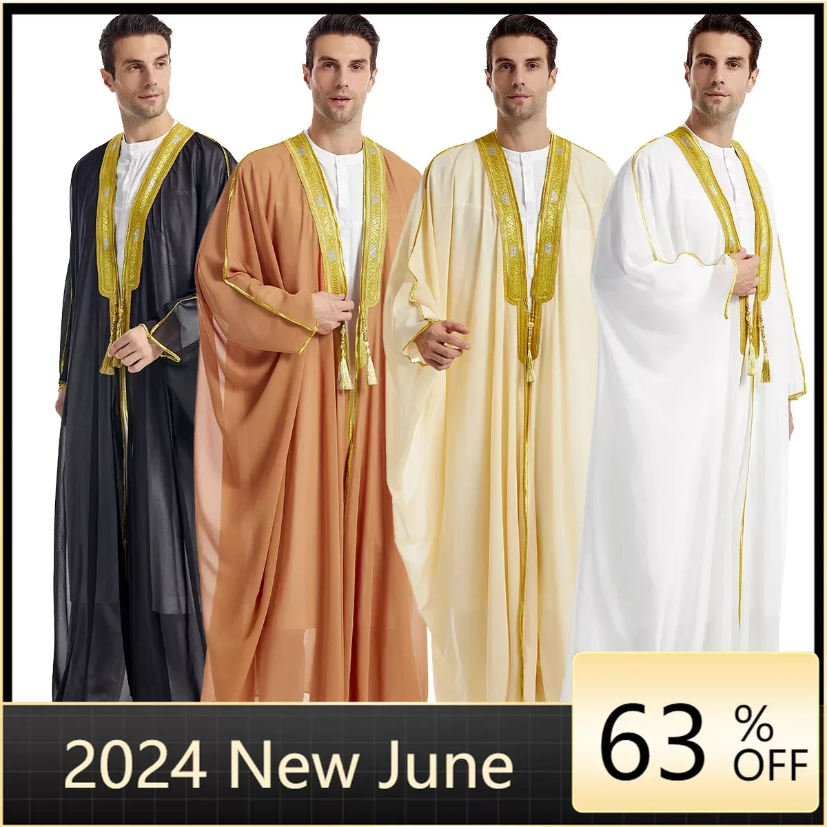 Homens muçulmanos mangas compridas cor borla bordado chiffion cardigan robe árabe masculino adulto tornozelo comprimento thobe ramadan eid roupas