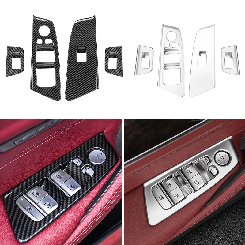 4PCS LHD Chromium Electroplating Car Window Switch Lift Button Frame Cover Trim For BMW 5 Series G30 G38 18-22 ABS Carbon Fiber