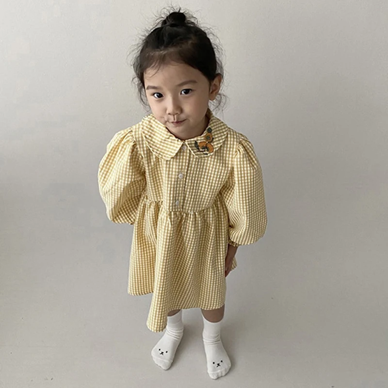 2023 Children Dresses Spring Summer Girls Clothing Cute Kids Baby Girl Plaid Cotton Linen Lapel Collar Dress Long Sleeve Dress