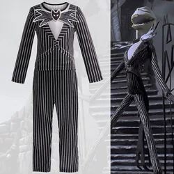 New Wear Christmas Eve Scary Skeleton Jack Cosplay Boys' Striped Two Piece Halloween Character Dress Up Costume 2-8Y