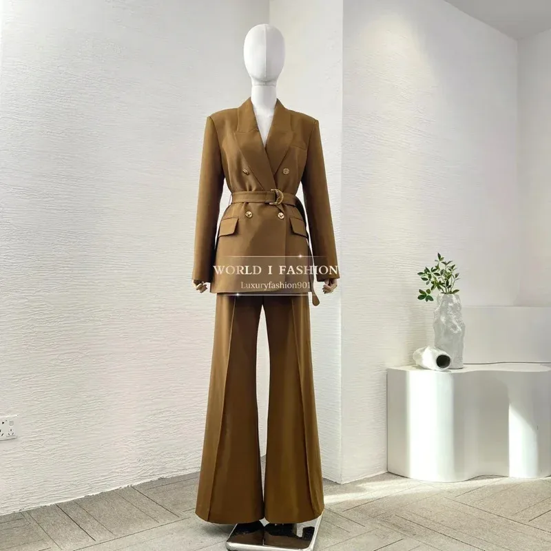 

2025 Ramie New Pink Brown Long Sleeve Turn Down Collar Jacket Tops and Pants Womens Two Peice Sets