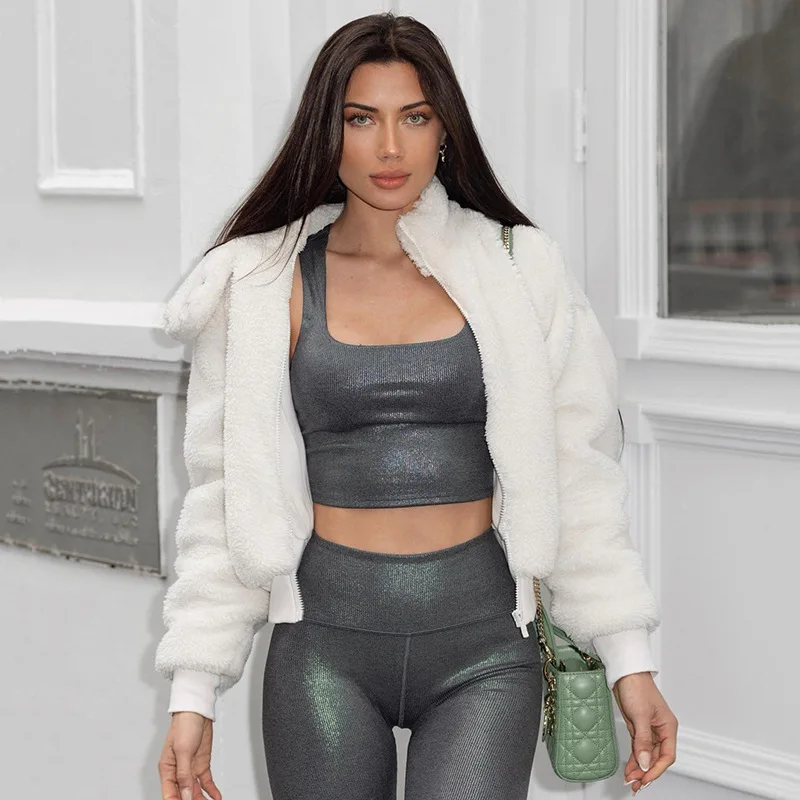 Autumn and winter coat pure white casual lazy style lamb wool top fashionable zipper short cardigan loose sweatshirt