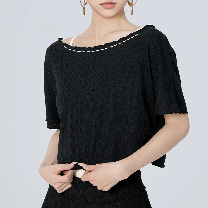 Women Cropped Dance Top Off Shoulder Short Sleeve T-Shirt Ballet Practice Wear Cover Up Summer image 5
